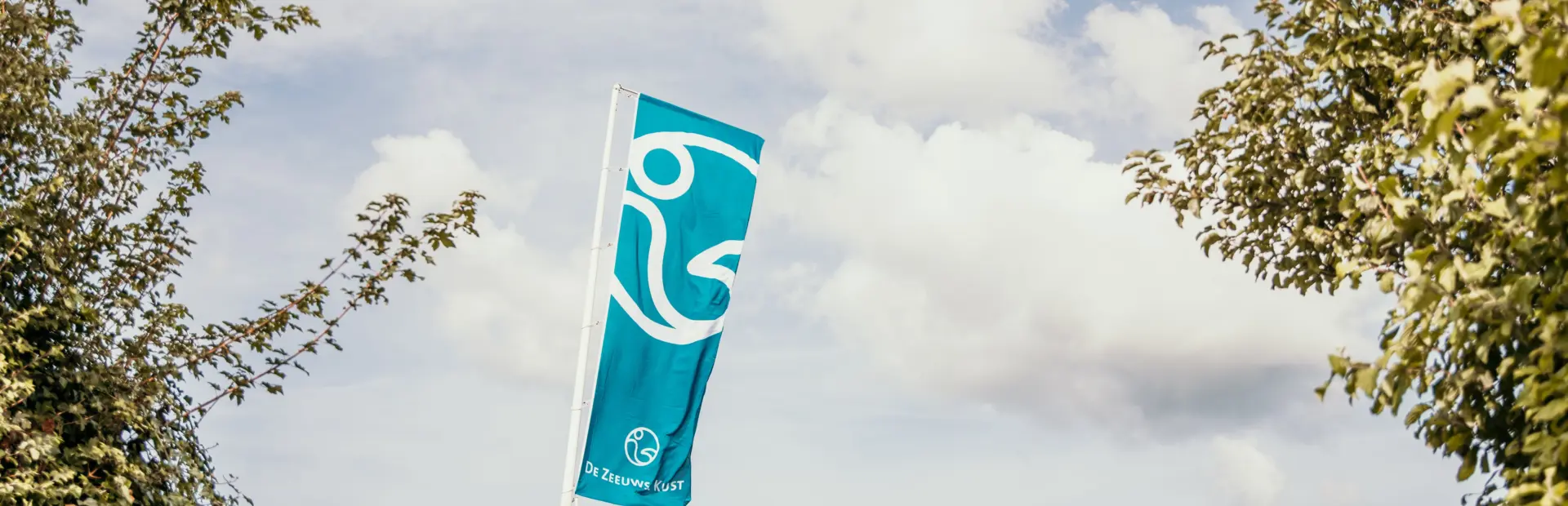 Blauwe milieuvriendelijke vlag wappert op Strandpark De Zeeuwse Kust met groene bomen en een dijk op de achtergrond